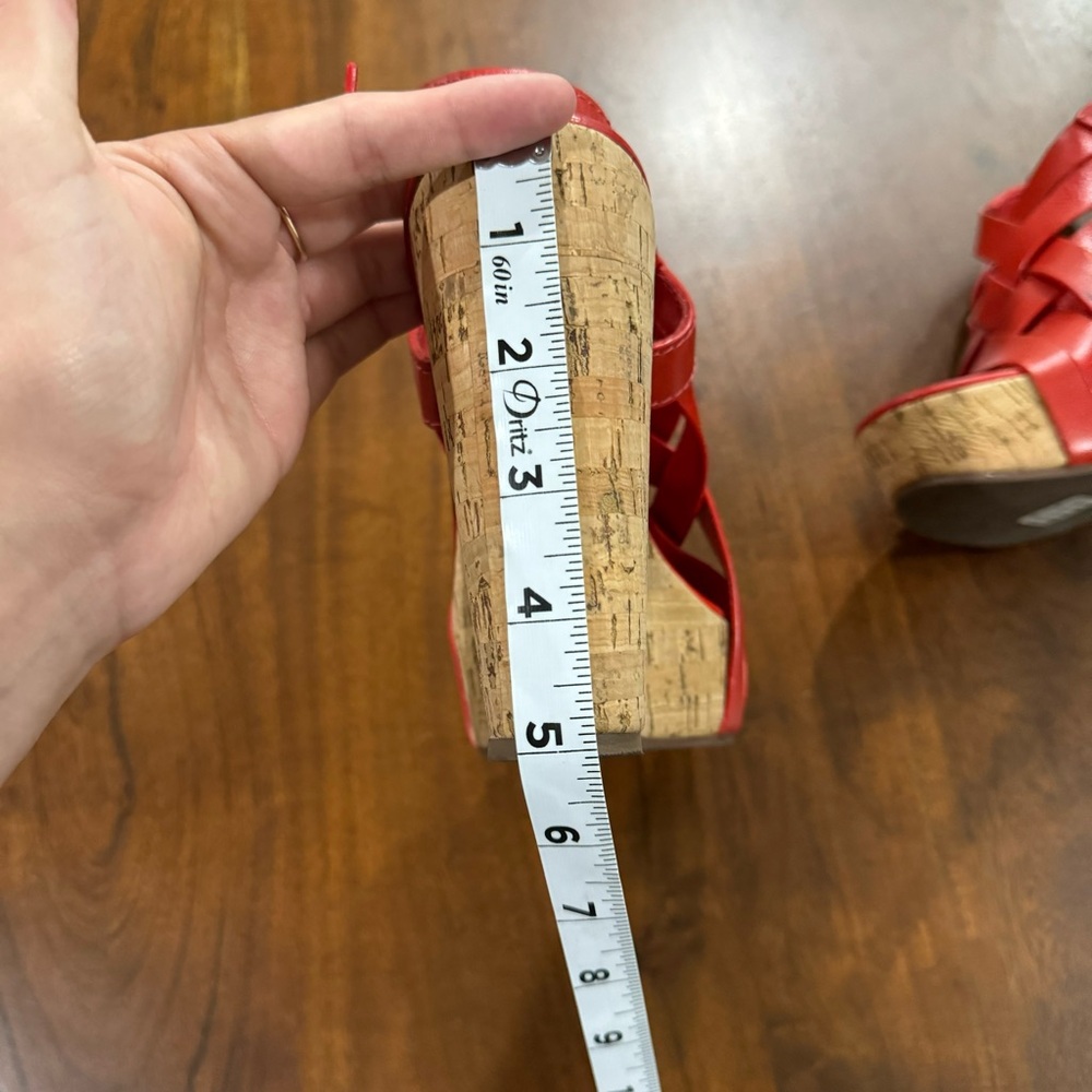 Tory Burch Red Leather Cork Wedge Sandals - Picture 9 of 11